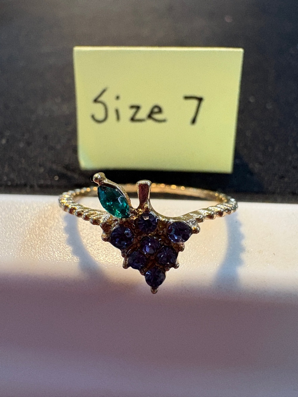 Gold-Plated Grape Cluster Ring with Green Leaf - Size 7